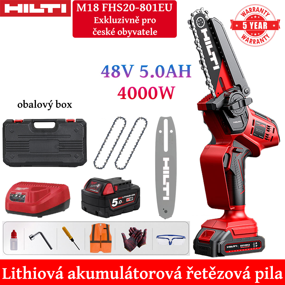 8-palcová lítiová elektrická reťazová píla s výkonom 4000 W, akumulátor 48V 5,0Ah*1, nabíjačka, vodiaca doska*1, reťaz*2, skrinka na náradie, mazivo a okuliare