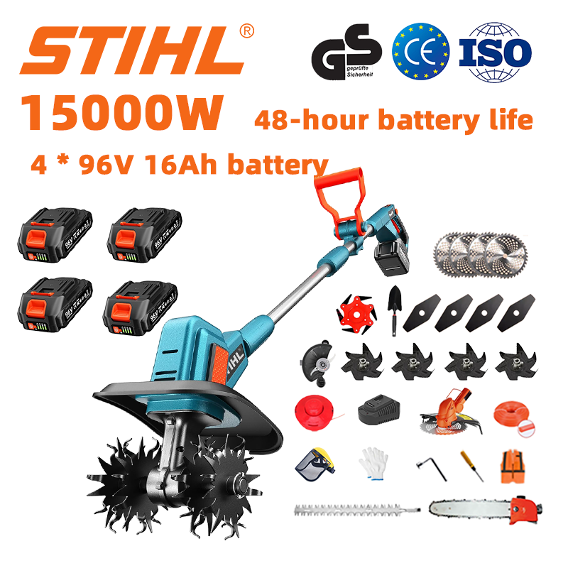 (Výdrž batérie 48 hodín) Pluh 15 000 W + lítiová batéria 96 V 16 Ah * 4 ks + nôž * 4 ks + píla * 1 ks + hlava nožnice na živý plot * 1 ks + rýchlonabíjačka * 1 ks + lopata * 1 ks + rovná čepeľ * 4 ks + nôž na pluh * 4 ks + pílový kotúč z ľahkej zliatiny * 1 ks + kosiaci nôž * 1 ks + rezacie lano * 1 ks + rôzne príslušenstvo